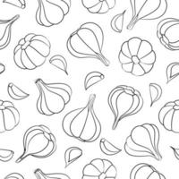 Garlic bulb and garlic clove seamless pattern in linear style. Vector illustration. Healthy food background.