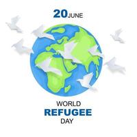 World refugee day background with flying origami bird. Flat style vector illustration. Concept of migrant for web, banner, background, wallpaper, poster or card design.