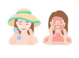 Woman with sunburn problem and woman in hat smears sunscreen on her skin. The concept of beauty and health. Vector illustration isolated on white background.