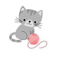 Vector illustration of cute happy cat on a white background in cartoon style. Favorite pet ball of thread.
