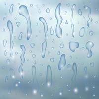 Drops of water on blue glass background. Rain droplets with light reflection on dark window surface. Vector illustration.