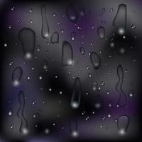 Drops of water on black glass background. Rain droplets with light reflection on dark window surface. Vector illustration.