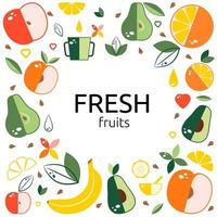 Fresh fruits. Frame square design template. Vector illustration.