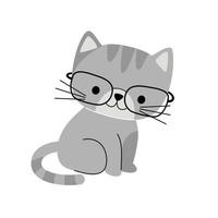 Vector illustration of happy cute cat character in glasses. Flat line art style design of scientist animal cat for web, greeting card, banner.