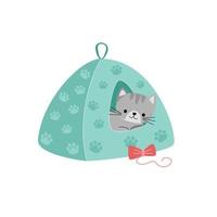 Vector illustration of happy cute cat character. Comfortable house for pet. Flat line art style design for web, greeting card, banner.