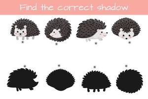 encontrar la sombra correcta. juego de lógica educativa para niños. lindo erizo divertido. ilustración vectorial aislado sobre fondo blanco. vector