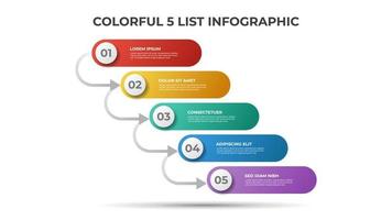 5 points of list or steps diagram with arrows, infographic element template vector. vector