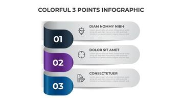 coloridos 3 puntos de pasos, diagrama de diseño de lista, vector de plantilla de elemento infográfico.