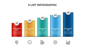 Ascending block list with 5 points, infographic element template with steps diagram vector