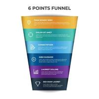 funnel chart infographic element vector with 6 points, options, list, can be used for digital marketing, sales, process flow