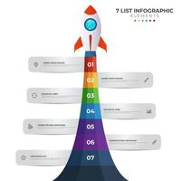 diagrama de lista con 7 puntos numéricos de paso, secuencia, inicio de lanzamiento de cohete colorido, vector de plantilla de elemento infográfico.