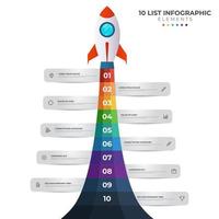 List diagram with 10 number points of step, sequence, colorful rocket launch startup, infographic element template vector.