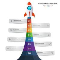 List diagram with 8 number points of step, sequence, colorful rocket launch startup, infographic element template vector. vector