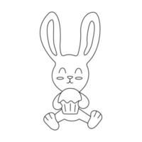 Hare sits and holds an Easter cake. Doodle vector