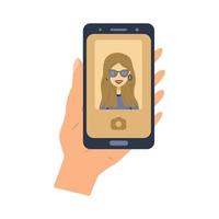 Girl in sunglasses takes a selfie icon vector