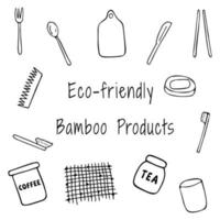 Set eco-friendly bamboo products doodle illustration doodle vector