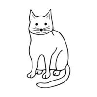 doodle cat se sienta y mira fijamente, vector de ilustración en blanco y negro