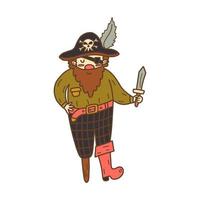 Happy pirate with dagger and hat. Vector hand drawn