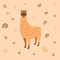 Brown llama in glasses. Colorful vector illustration