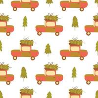 Seamless pattern with car carries Christmas tree. Vector