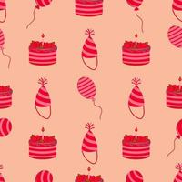 Happy birthday seamless pattern with festive hat, cakes and balloons. Vector illustration