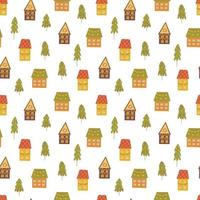 Seamless pattern with cozy winter houses. Vector colorful