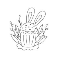 Easter cake decorated. Willow twigs and bunny ears. Doodle vector