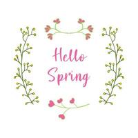 Hello spring inscription in a frame from different branches with leaves and hearts vector