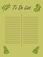 vector de lista de tareas pendientes. planificador con hojas verdes