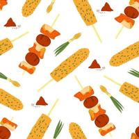 Korean street food seamless pattern. Chicken skewers ddakkochi and spicy corn ogsusu, green onion, chili pepper. Asian snacks on sticks. Cute doodle background. Vector illustration.