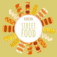 Asian fast food round border. Korean street food on stick festival frame banner. Corndog hotdog, fish cake, tornado potato, rice and chicken skewers, kebap creative design. Vector illustration.