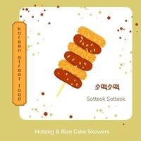 Traditional korean street food rice cake skewers from sausages and rice cakes on stick. Korean Sotteok Sotteok. Translation from korean rice cake skewers. Asian food snack. Vector illustration.