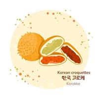 Afiche tradicional coreano de croquetas de comida callejera. korokke coreano. traducción del coreano croquetas. bocadillo de comida asiática con diferentes rellenos. ilustración vectorial vector