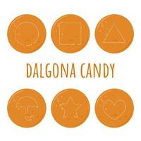 Dalgona candy set. Korean street food sweets. Sugar honeycomb with circle triangle square umbrella star heart pattern. Simple hand drawn flat style. Vector illustration.