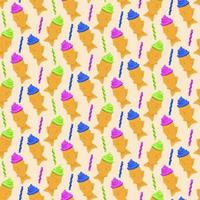 Korean street food sweet fish shaped pastry bugeoppang with icecream and toppings candy seamless pattern. Cute doodle background on acid neon colors. Vector illustration.