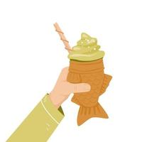 Human hand holding bungeoppang icecream. Korean street food fish shaped pastry with green icecream filling. Asian popular food snack. For banner menu promotion. Vector illustration.