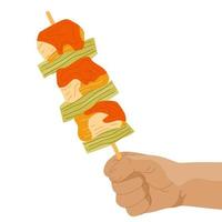 Hand hold chicken skewers on stick. Korean street food ddakkochi. Chicken and vegetables on stick in turns. Asian food snack. For banner menu promotion. Vector illustration.