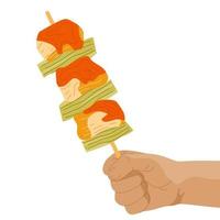 sostenga a mano brochetas de pollo en el palo. comida callejera coreana ddakkochi. pollo y verduras en palo por turnos. bocadillo de comida asiática. para la promoción del menú de banner. ilustración vectorial vector