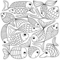 lindos peces de fantasía de garabatos para colorear. contorno de contorno de animales de vida marina. patrón de zentangle pez sonriente abstracto. ilustración de vector de boceto de tinta simple. para impresión, portada, libro, textil, souvenirs.