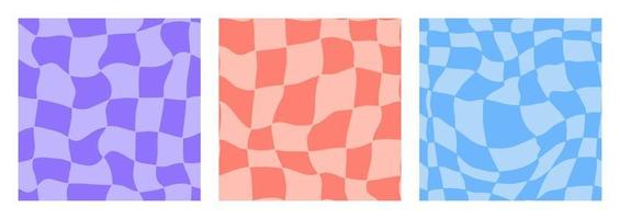 Distorted checkered 1960, 1970 seamless pattern set. Groovy retro trippy grid psychedelic background. Hippie aesthetic vibe abstract swirl chessboard. Funky y2k square templates. Vector illustration.