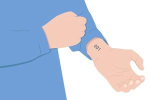 Man rolls up his sleeve with other hand to show his wrist. On wrist is tattoo sign with numbers zero zero one. The concept of human identity in a digital world of total control. Vector illustration.