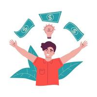 Man has profitable startup idea. Happy person with lightbulb and flying money bank notes above the head. Smart business solution, earn money insight and invention concept. Vector illustration.