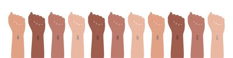 Eleven hands with bent fingers and tatooed wrist. Different skin colors. Multiethnicity, multinationality. Numbers from one to eleven tattoo. Chipping and control people concept. Vector illustration.