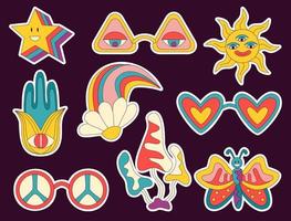 1970 sticker pack. Groovy hippie retro set. Vintage daisy flower, rainbow peace love heart magic eye sunglasses, fatima hand, sun star trippy mushrooms. Psychedelic cartoon style. Vector illustration.