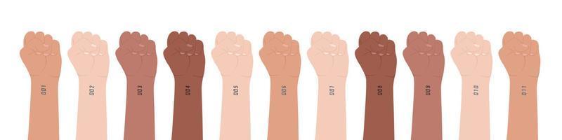 Clenched hands set. Different skin colors. Multiethnicity, multinationality. On wrist of each hand is tattoo with serial number. Preserving identity in faceless digital world. Vector illustration.