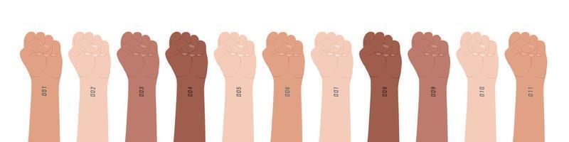 Clenched hands set. Different skin colors. Multiethnicity, multinationality. On wrist of each hand is tattoo with serial number. Preserving identity in faceless digital world. Vector illustration.