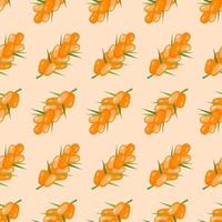 Sea buckthorn grapes simple seamless pattern. Bright berry background. Buckthorn berries with small sharp leaves. Eco friendly packaging for juice, fruit puree, textile, covers. Vector illustration.