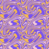 1970 liquid marble seamless pattern. Yellow purple wavy swirl texture. Groovy trippy psychedelic background. Hippie aesthetic vector illustration.