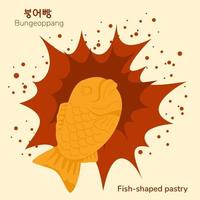 Traditional korean fish shaped street food poster. Korean bungeoppang. Translation from korean fish shaped pastry. Asian food snack. Vector illustration.