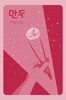 Hand with chopsticks catching mandu dumpling. Asian food creative poster with flying snowflakes background. Negative space effect. Translation from korean dumpling. Vector illustration.